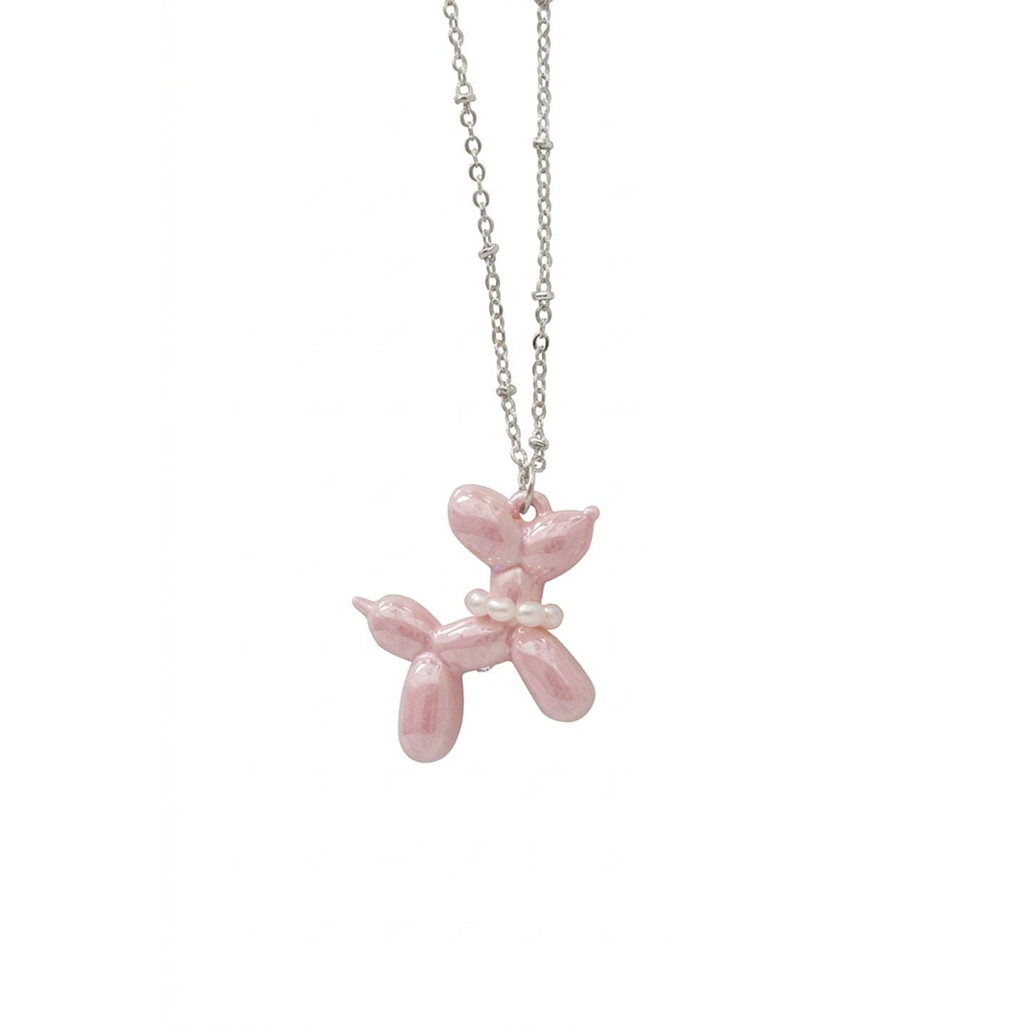 Pink Porcelain Balloon Doggie Necklace, Silver Tone