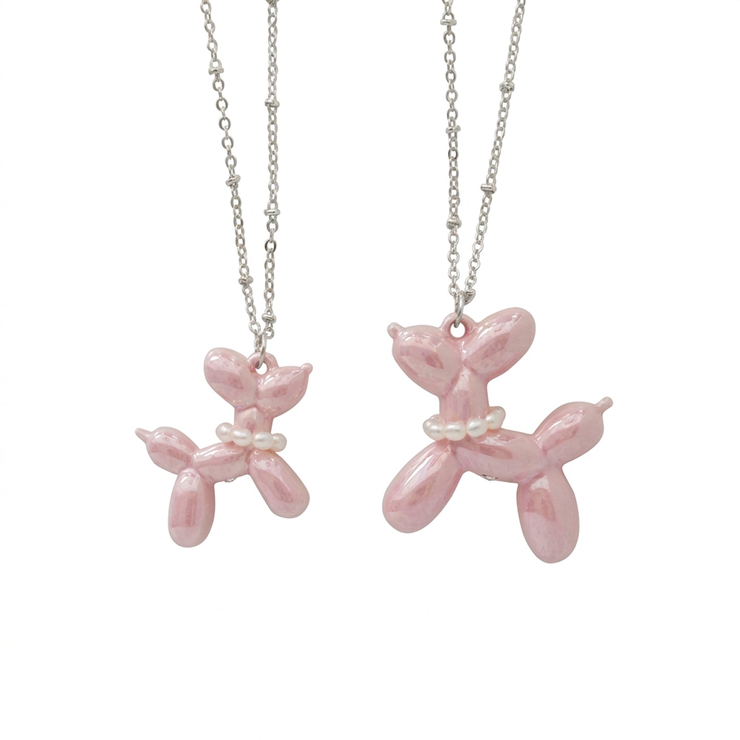 Pink Porcelain Balloon Doggie Necklace, Silver Tone