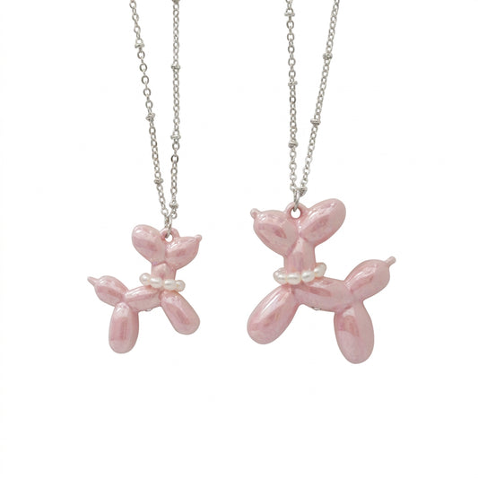 Pink Porcelain Balloon Doggie Necklace, Silver Tone