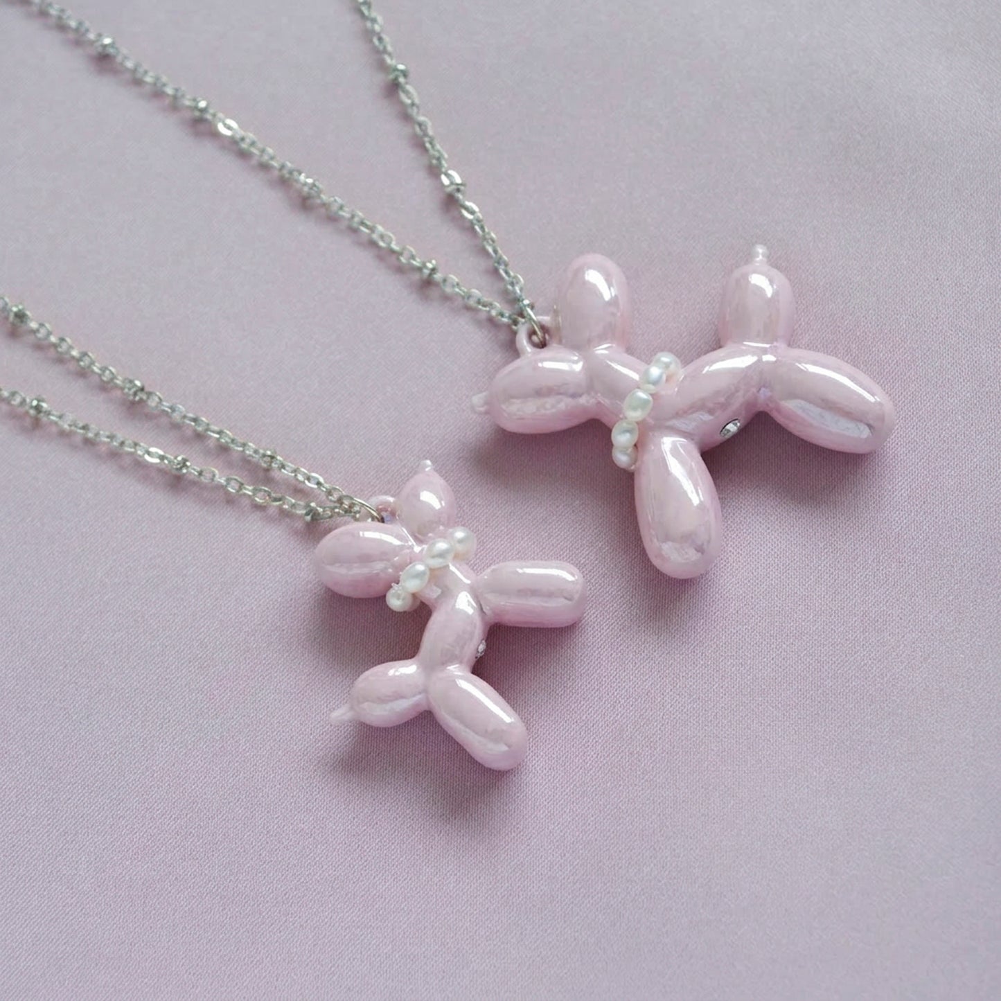 Pink Porcelain Balloon Doggie Necklace, Silver Tone