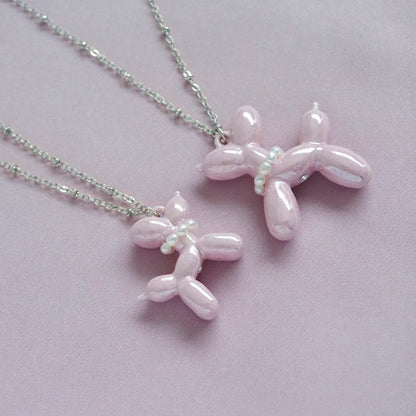 Pink Porcelain Balloon Doggie Necklace, Silver Tone