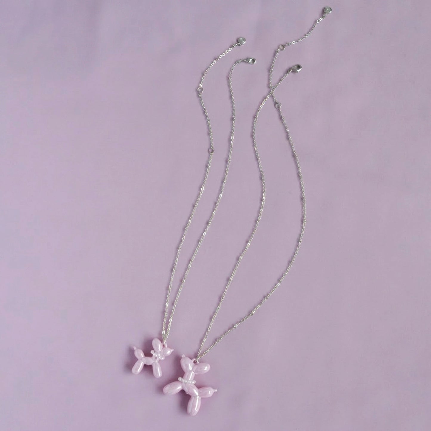 Pink Porcelain Balloon Doggie Necklace, Silver Tone
