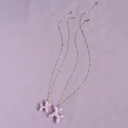 Pink Porcelain Balloon Doggie Necklace, Silver Tone