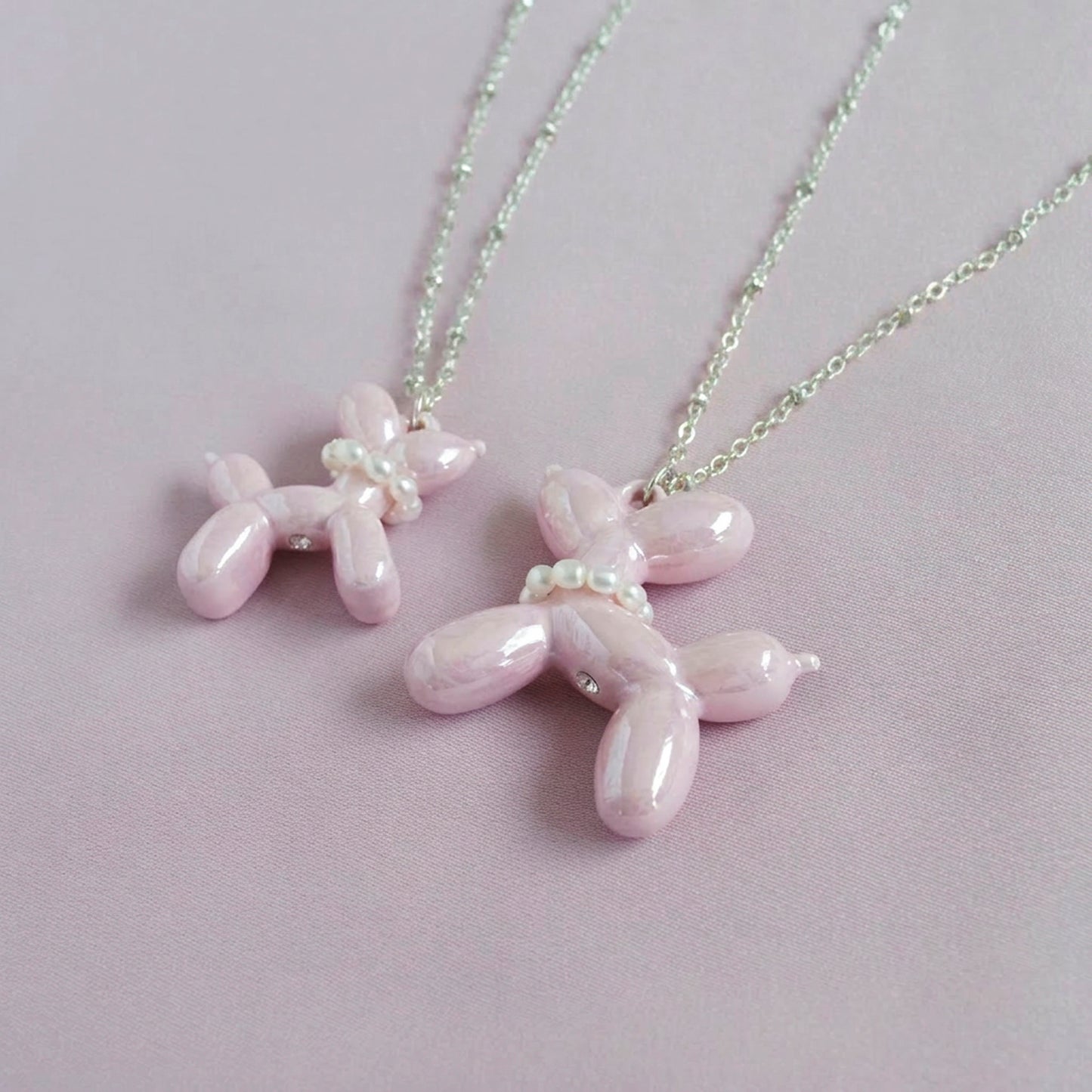 Pink Porcelain Balloon Doggie Necklace, Silver Tone