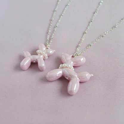 Pink Porcelain Balloon Doggie Necklace, Silver Tone