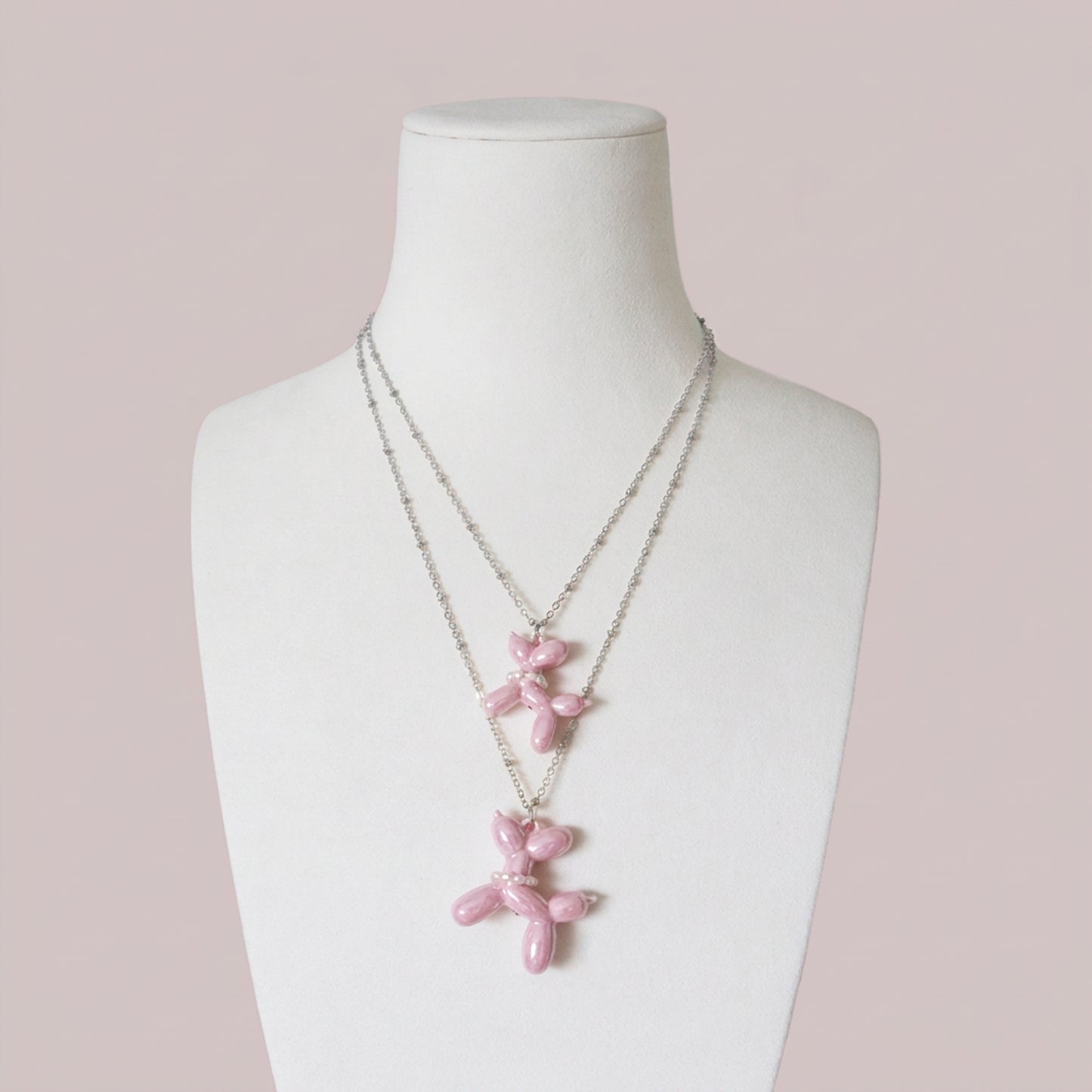 Pink Porcelain Balloon Doggie Necklace, Silver Tone