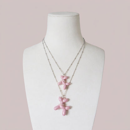 Pink Porcelain Balloon Doggie Necklace, Silver Tone