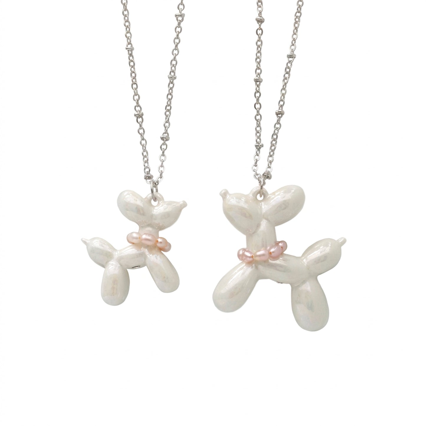 Pearly White Porcelain Balloon Doggie Necklace, Silver Tone