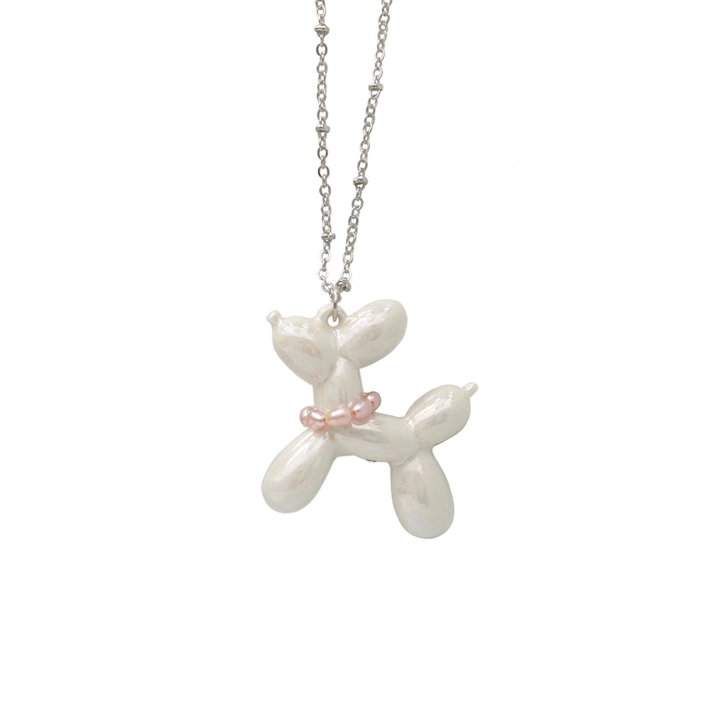 Pearly White Porcelain Balloon Doggie Necklace, Silver Tone