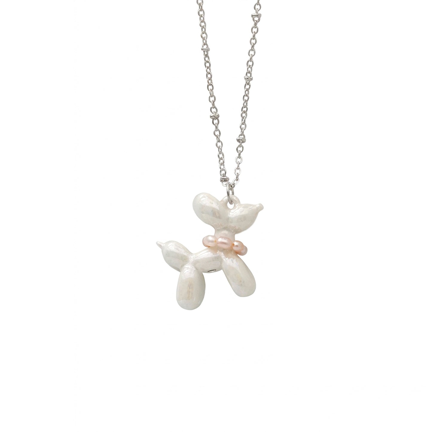 Pearly White Porcelain Balloon Doggie Necklace, Silver Tone