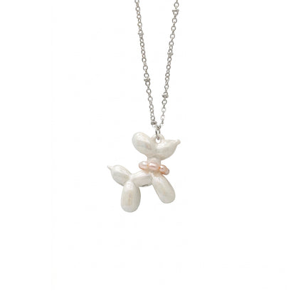 Pearly White Porcelain Balloon Doggie Necklace, Silver Tone