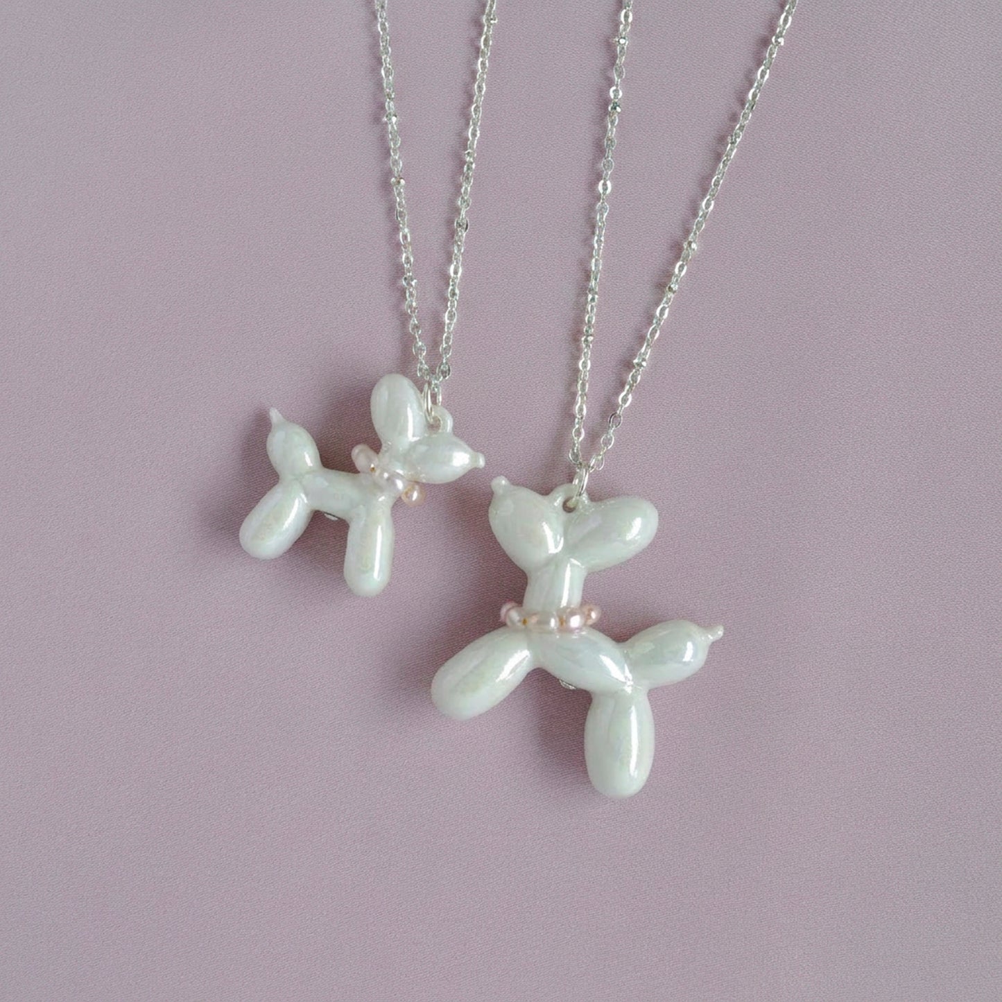 Pearly White Porcelain Balloon Doggie Necklace, Silver Tone