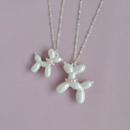 Pearly White Porcelain Balloon Doggie Necklace, Silver Tone