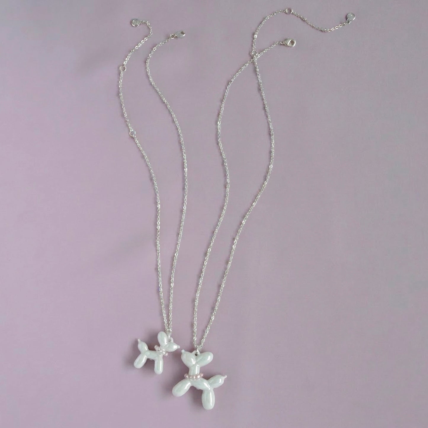 Pearly White Porcelain Balloon Doggie Necklace, Silver Tone