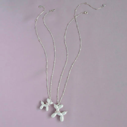 Pearly White Porcelain Balloon Doggie Necklace, Silver Tone