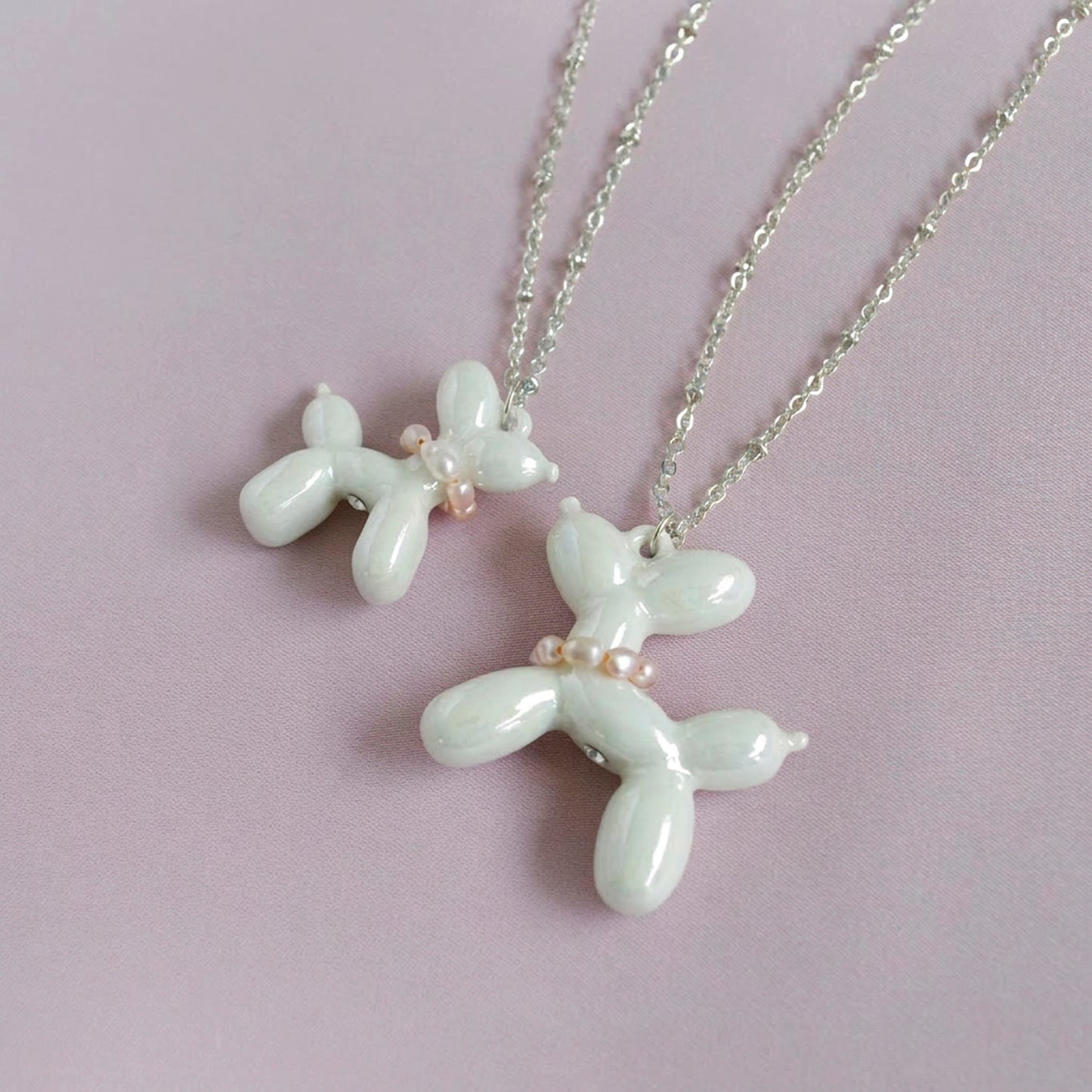 Pearly White Porcelain Balloon Doggie Necklace, Silver Tone
