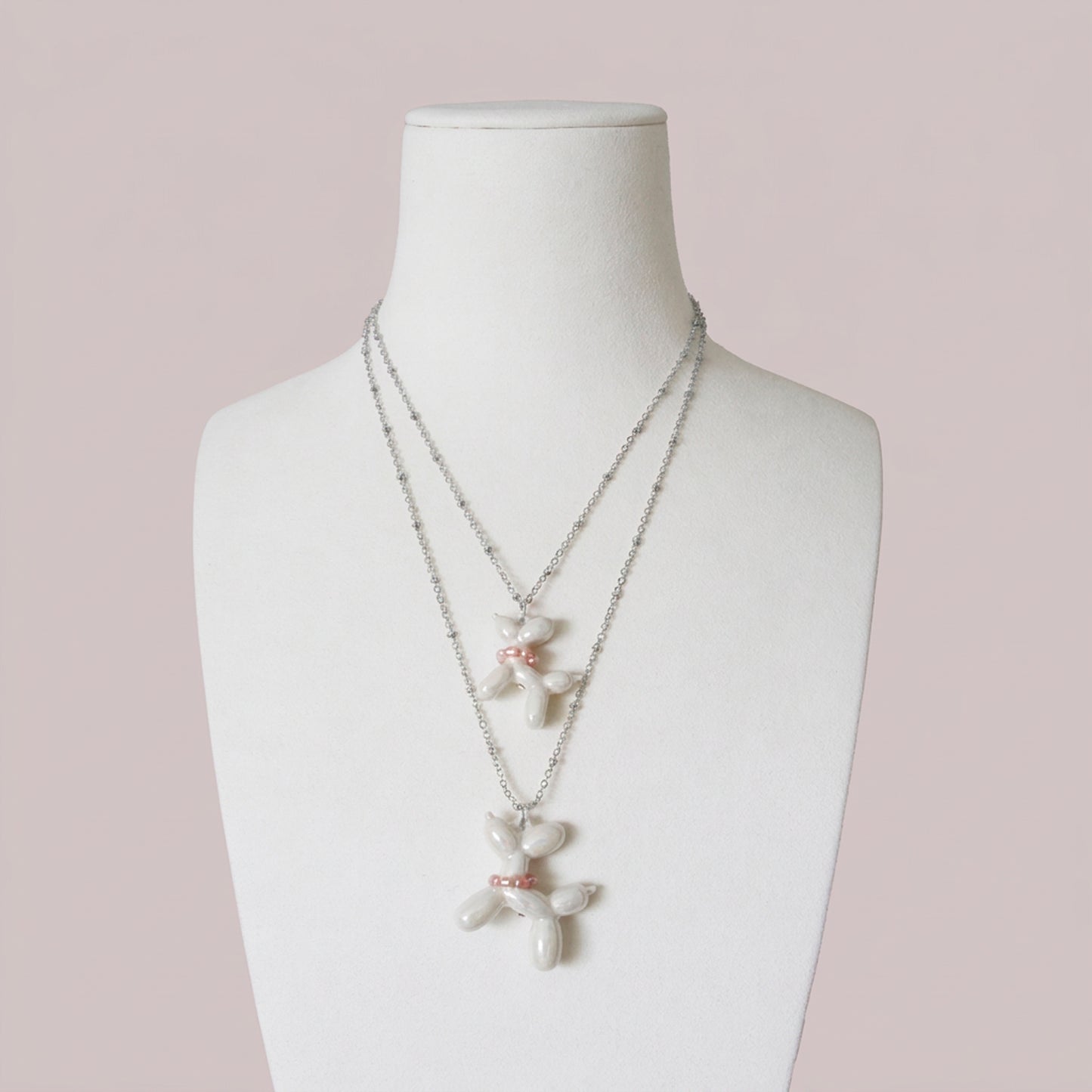 Pearly White Porcelain Balloon Doggie Necklace, Silver Tone
