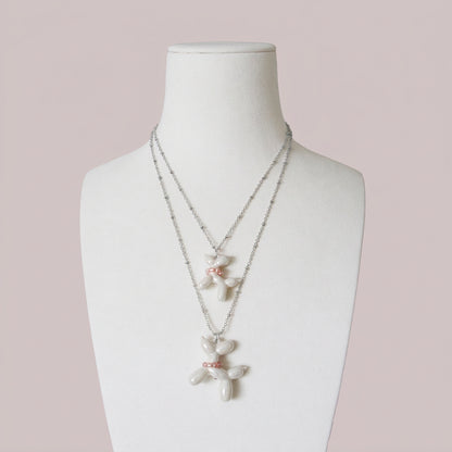 Pearly White Porcelain Balloon Doggie Necklace, Silver Tone