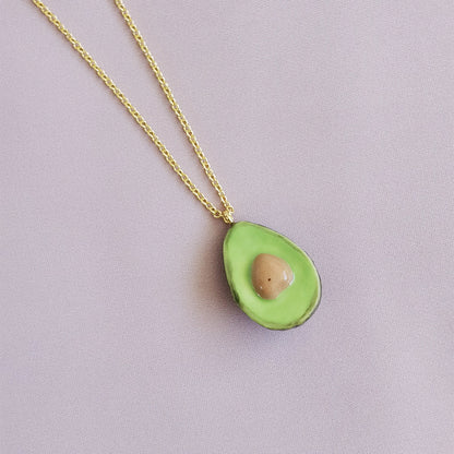 Porcelain Avocado Pendant Necklace, Gold Tone
