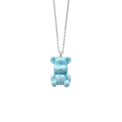 Baby Blue Porcelain Teddy Bear Necklace, Silver Tone