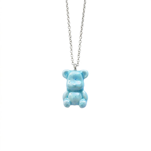 Baby Blue Porcelain Teddy Bear Necklace, Silver Tone
