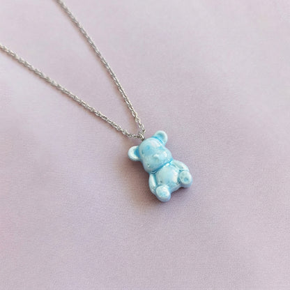 Baby Blue Porcelain Teddy Bear Necklace, Silver Tone