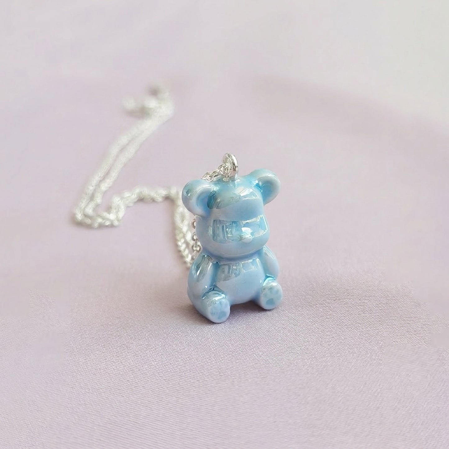 Baby Blue Porcelain Teddy Bear Necklace, Silver Tone