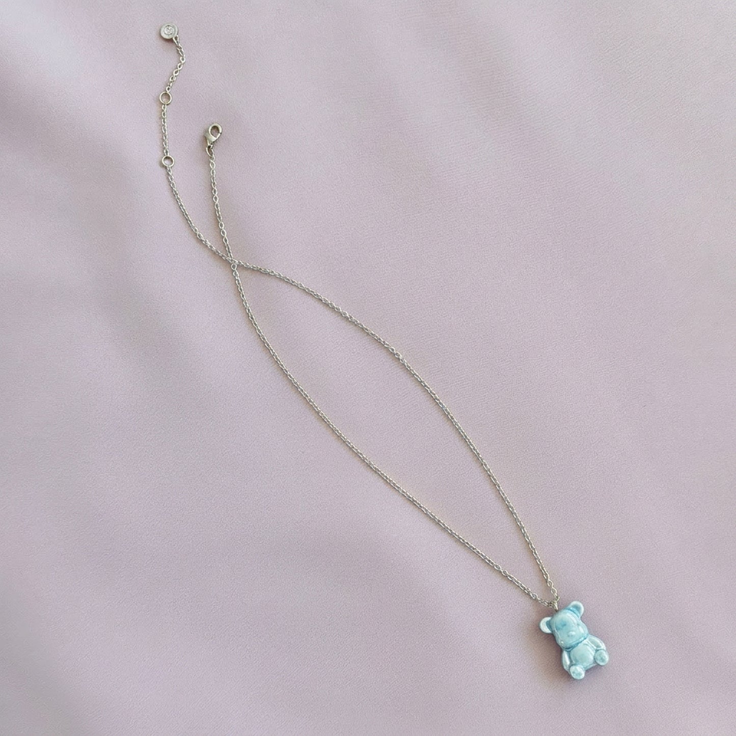 Baby Blue Porcelain Teddy Bear Necklace, Silver Tone