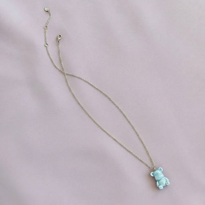 Baby Blue Porcelain Teddy Bear Necklace, Silver Tone