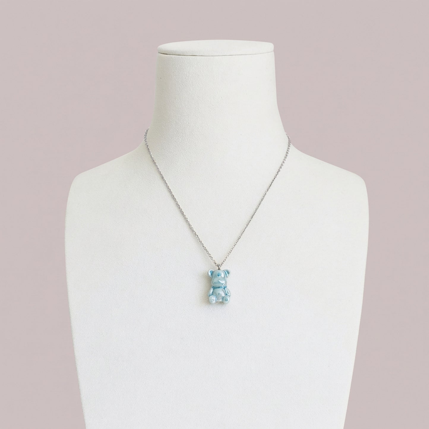 Baby Blue Porcelain Teddy Bear Necklace, Silver Tone