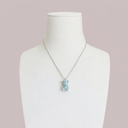 Baby Blue Porcelain Teddy Bear Necklace, Silver Tone