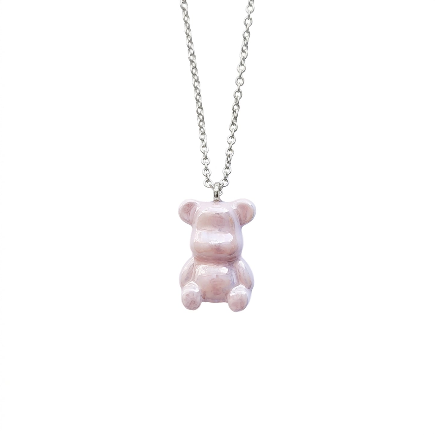 Baby Blue Porcelain Teddy Bear Necklace, Silver Tone