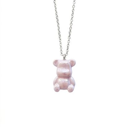 Sweet Pink Porcelain Teddy Bear Necklace, Silver Tone