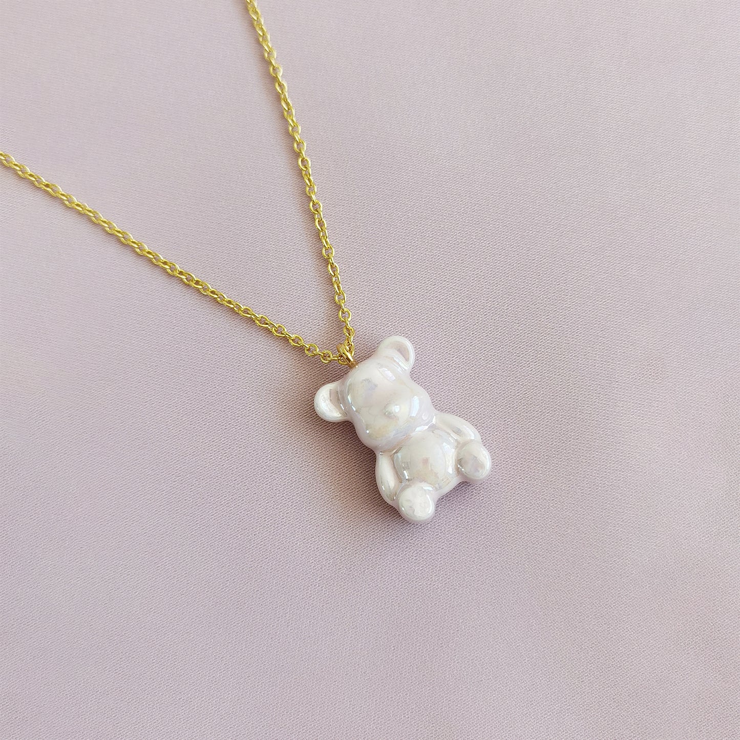 Sweet Pink Porcelain Teddy Bear Necklace