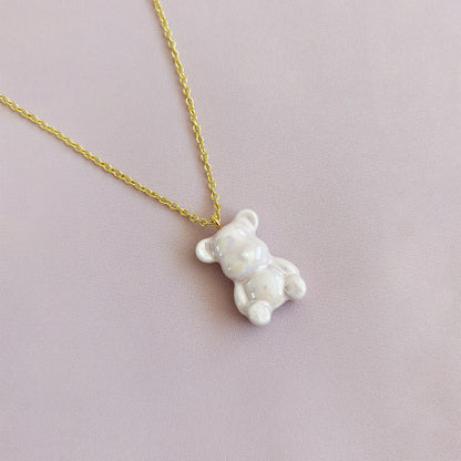 Sweet Pink Porcelain Teddy Bear Necklace