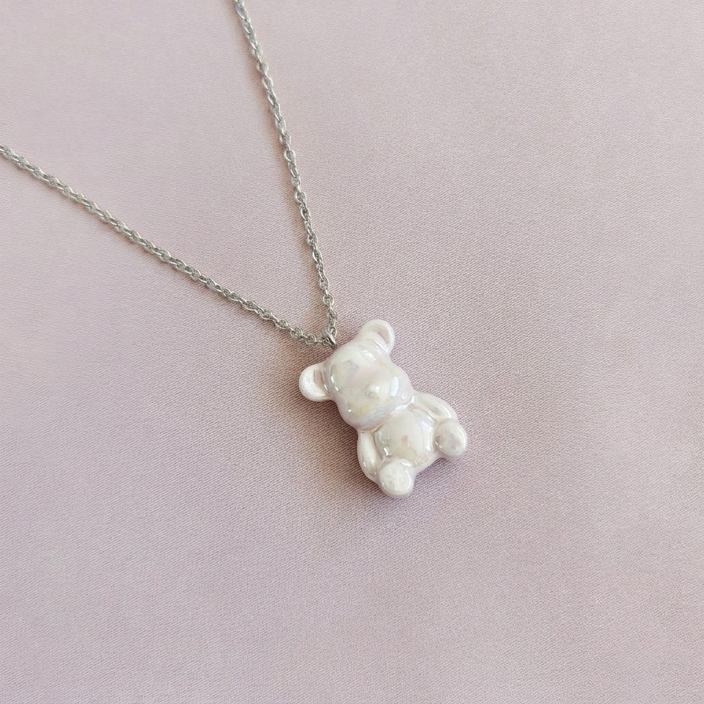 Sweet Pink Porcelain Teddy Bear Necklace, Silver Tone