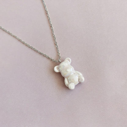 Sweet Pink Porcelain Teddy Bear Necklace, Silver Tone