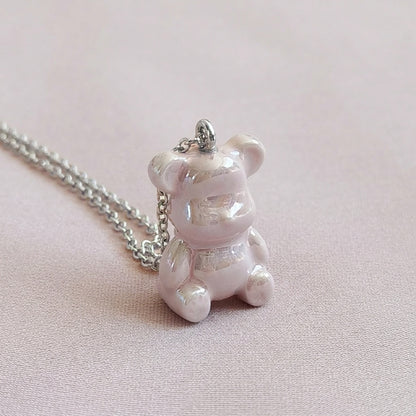 Sweet Pink Porcelain Teddy Bear Necklace, Silver Tone