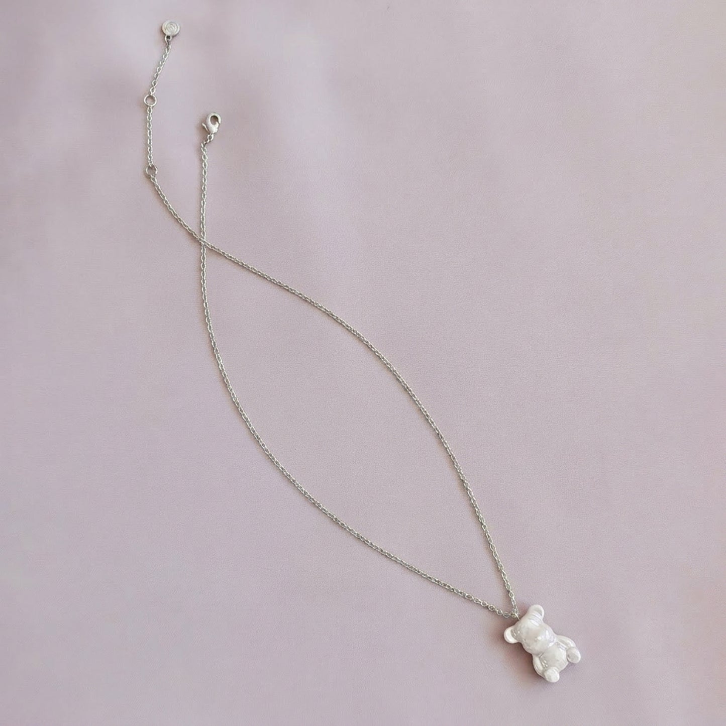 Sweet Pink Porcelain Teddy Bear Necklace, Silver Tone