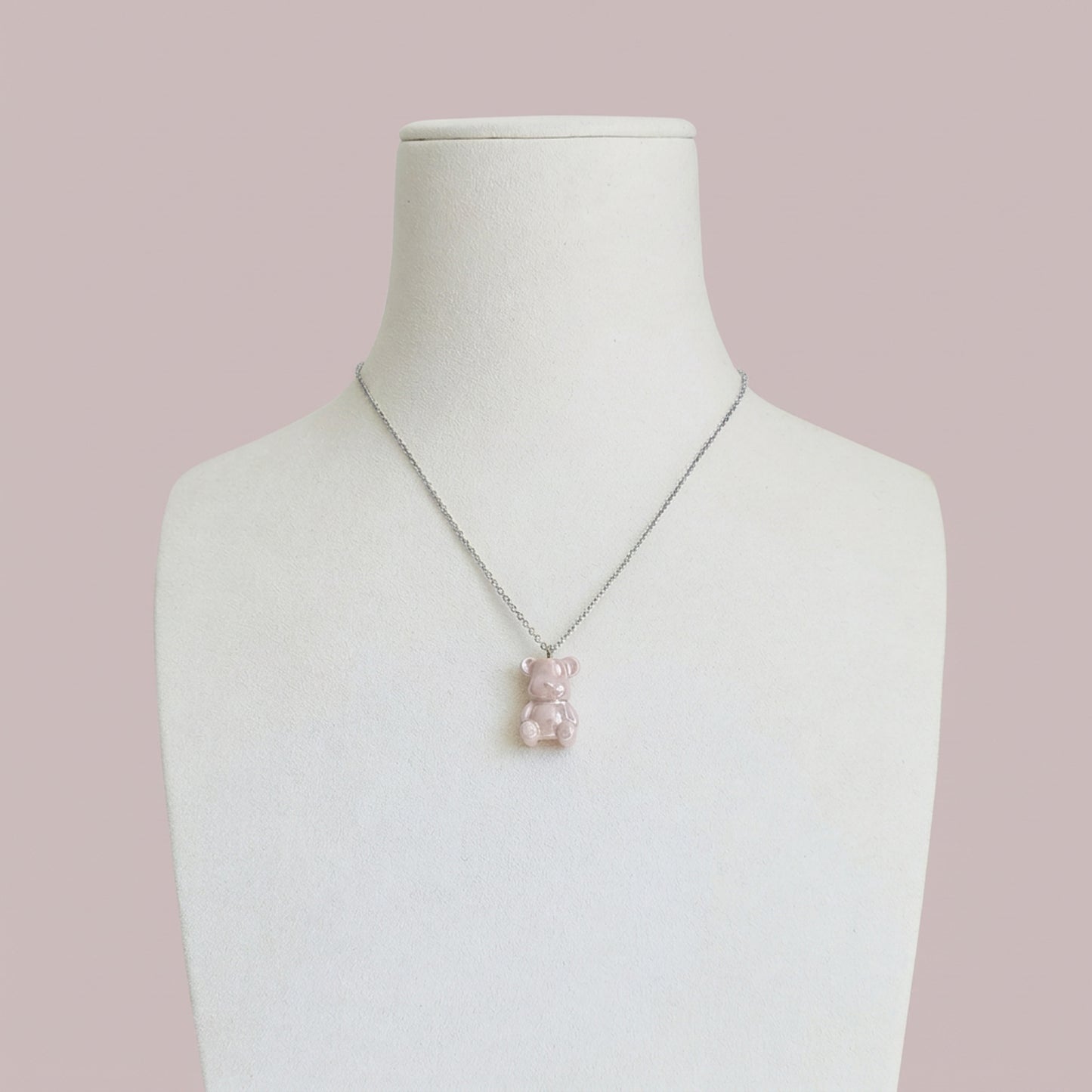 Sweet Pink Porcelain Teddy Bear Necklace, Silver Tone