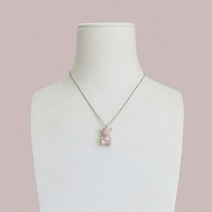 Sweet Pink Porcelain Teddy Bear Necklace, Silver Tone