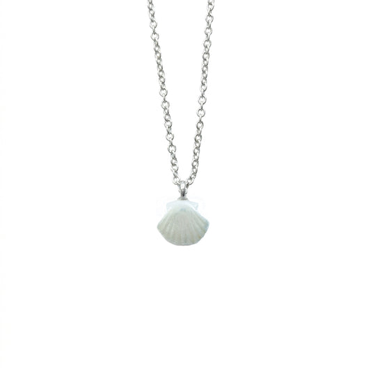 Mini Porcelain Seashell Necklace, Silver Tone