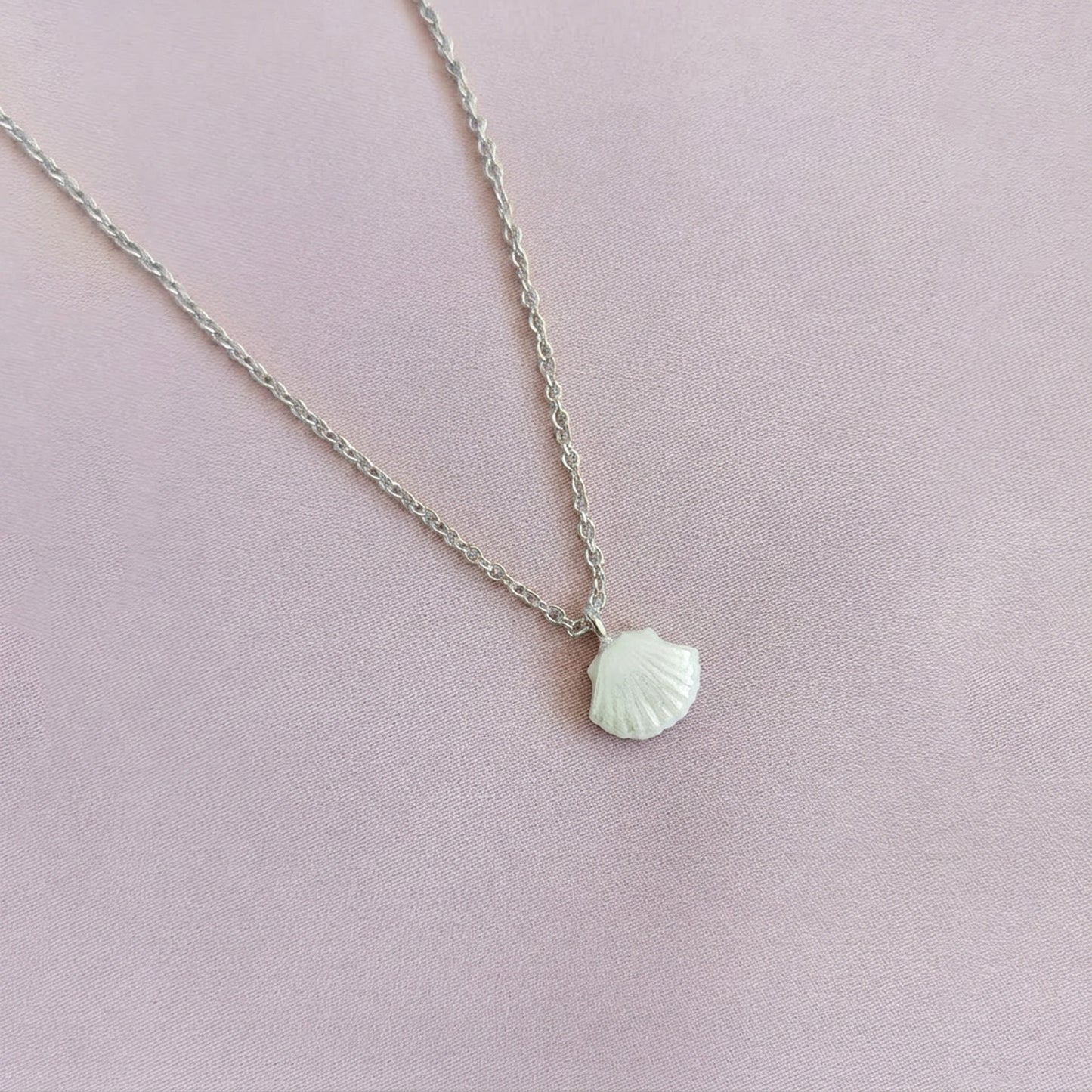 Mini Porcelain Seashell Necklace, Silver Tone