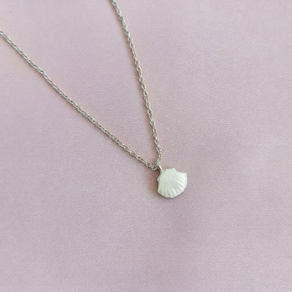 Mini Porcelain Seashell Necklace, Silver Tone