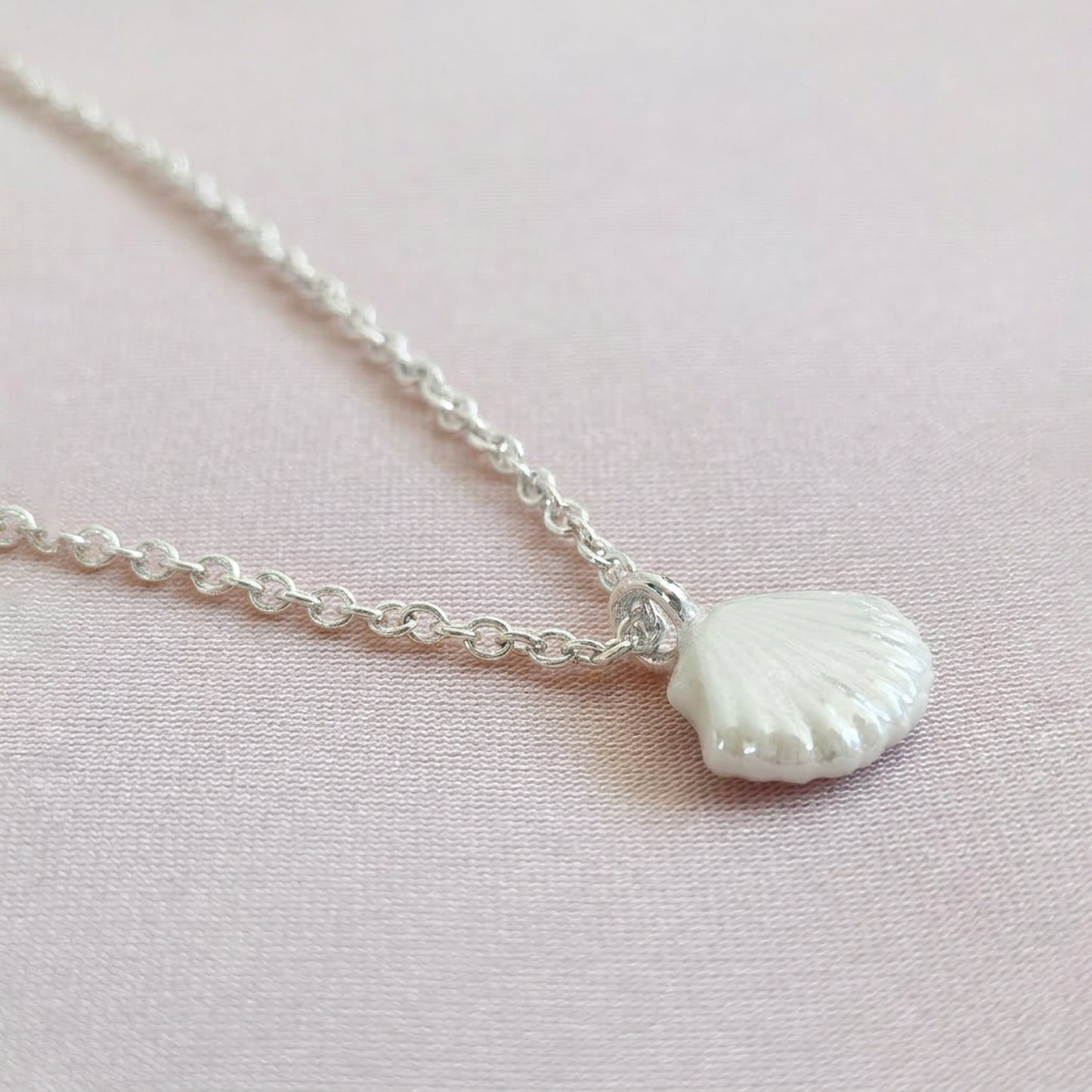 Mini Porcelain Seashell Necklace, Silver Tone