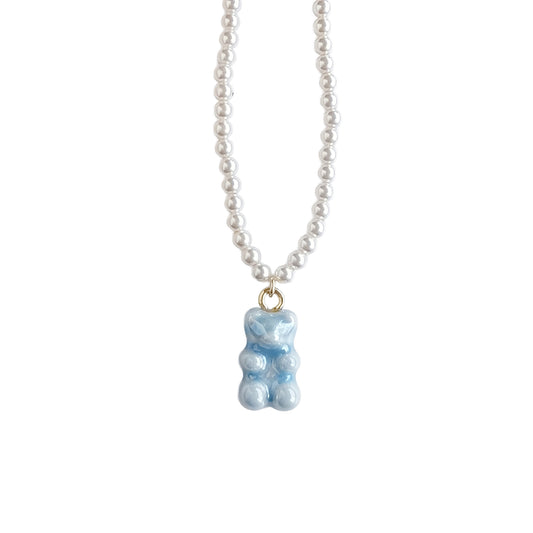 Baby Blue Porcelain Gummy Bear Swarovski Pearl Necklace
