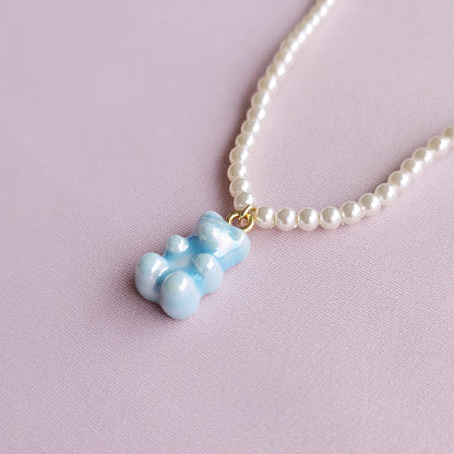 Baby Blue Porcelain Gummy Bear Swarovski Pearl Necklace