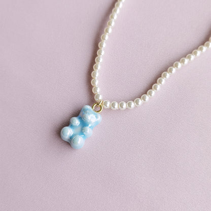 Baby Blue Porcelain Gummy Bear Swarovski Pearl Necklace