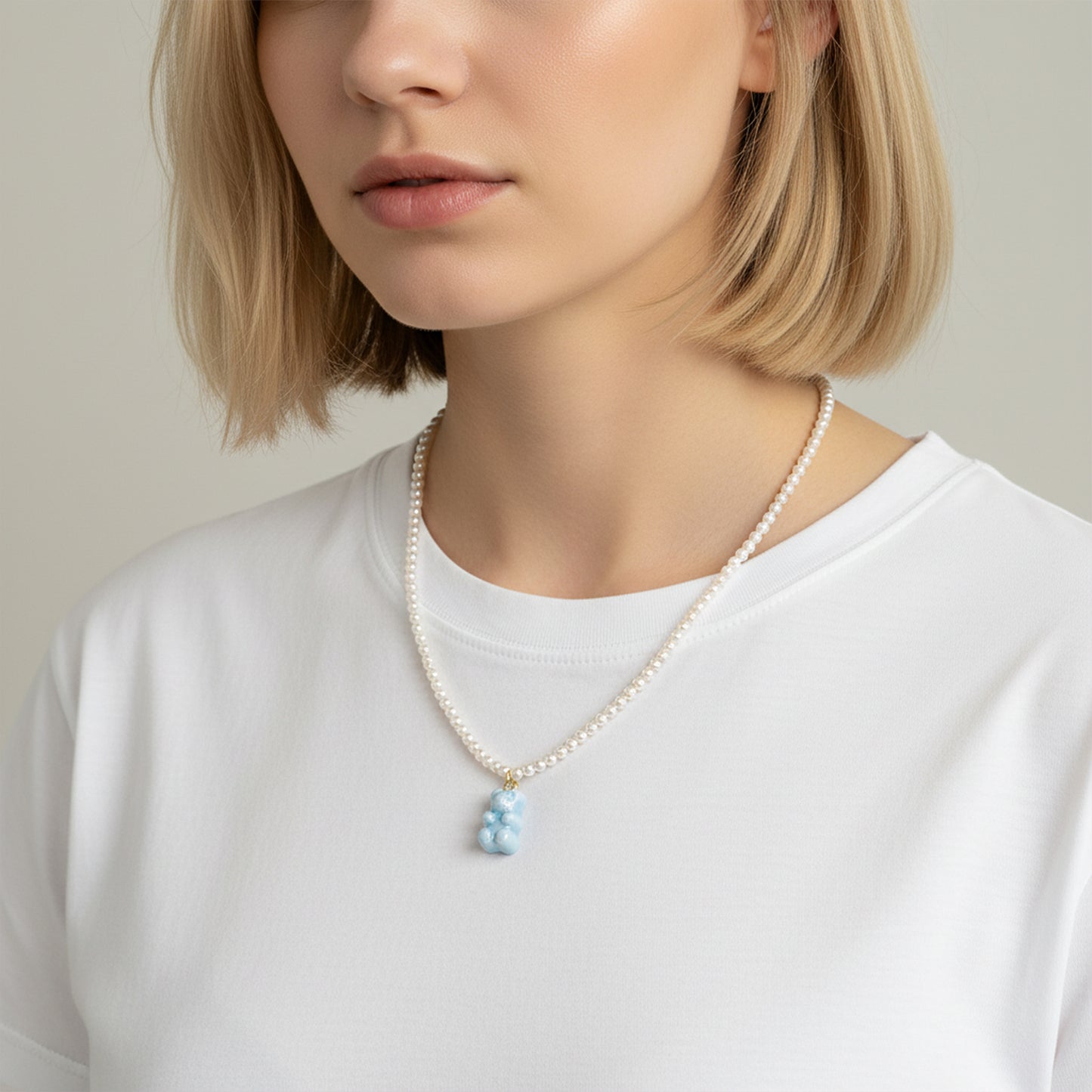 Baby Blue Porcelain Gummy Bear Swarovski Pearl Necklace