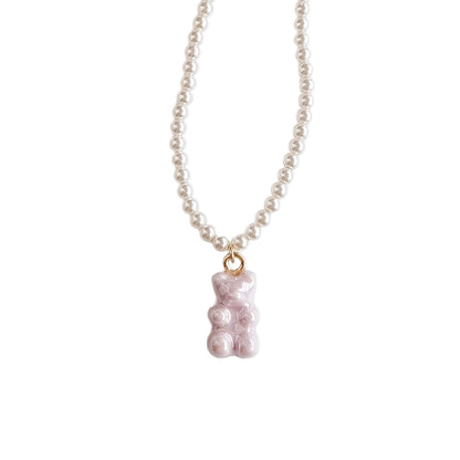 Sweet Pink Porcelain Gummy Bear Swarovski Pearl Necklace